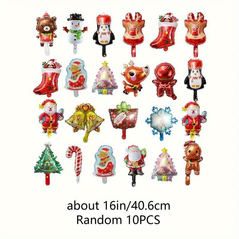 10pcs Mini Christmas Balloons with Assorted Designs - Perfect for Holiday Parties, New Year's Celebrations & More - Includes Support Rods, Best for Christmas