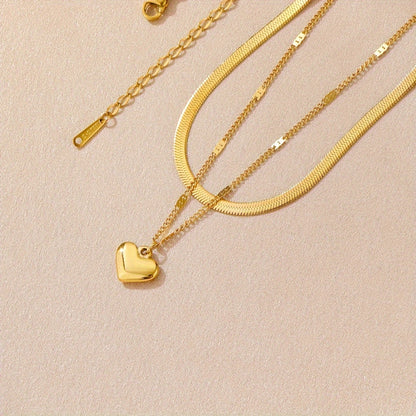 A Stainless Steel Gold-plated Double-layer Stacked Love Design Necklace, Simple Casual Retro Trend, Versatile Women's Street Daily Commuter Holiday Party Wear