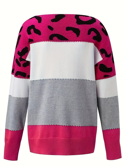 Antmvs Leopard Pattern Color Block Sweater, Casual Loose Drop Shoulder Thermal Pullover Knitted Top, Women's Clothing