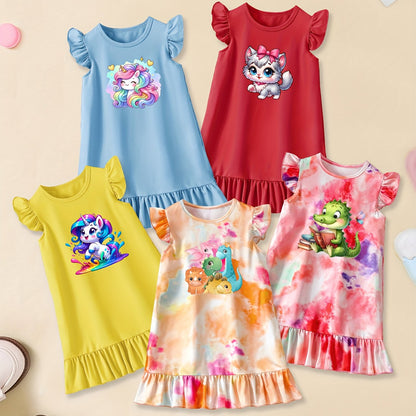 5pcs Cartoon-Themed Graphic Print Crew Neck Ruffle Sleeve Dresses Set for Girls - Soft Knitted Fabric, Slight Stretch, Regular Fit, Trendy Casual Style for Summer Fun