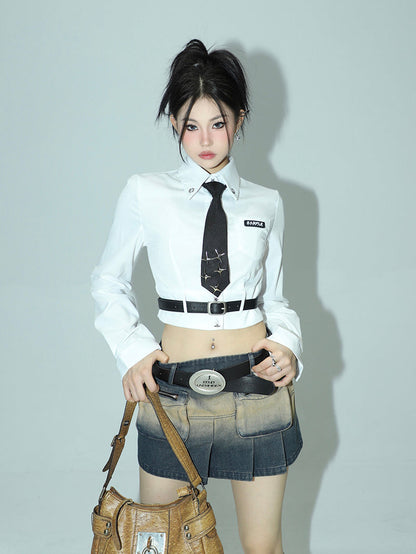 Antmvs Liana Solid Color White Preppy Letter Cropped Star Office Shirt Long Sleeve Black Waist Belt Top