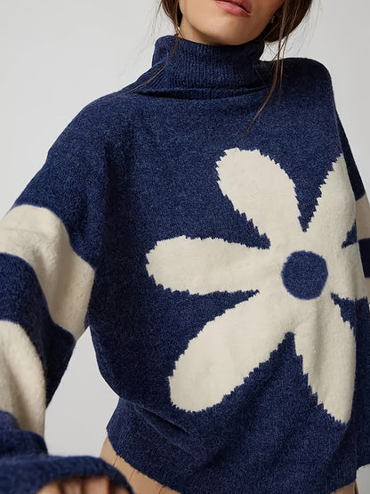 Antmvs Plus Size Casual Sweater, Women's Plus Floral & Stripe Print Long Sleeve Turtle Neck Jumper