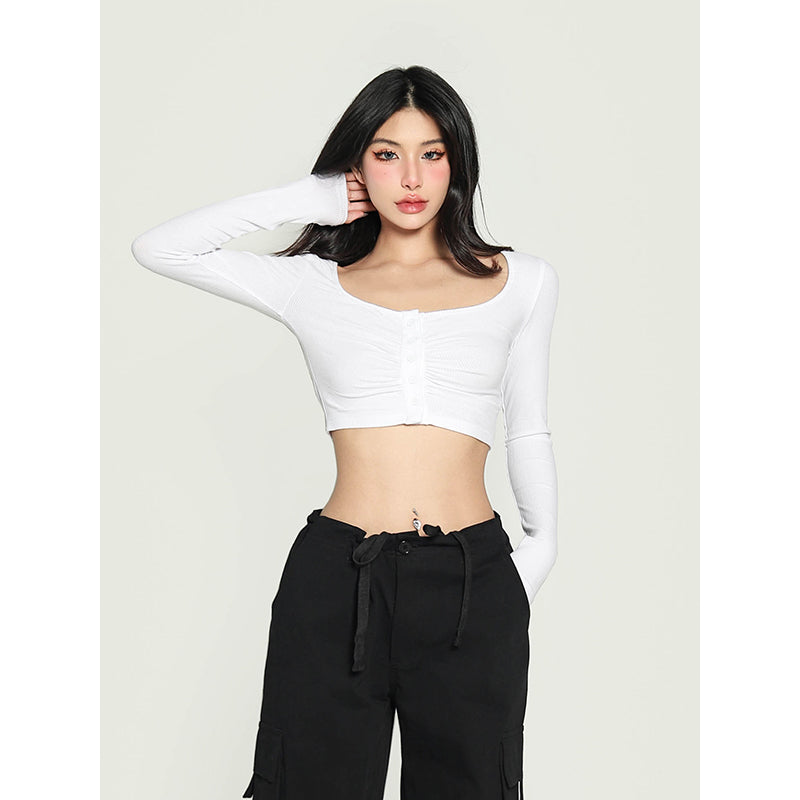 Antmvs Yielle Solid Color U-Neck Button Up Long Sleeve Slim Cropped Top