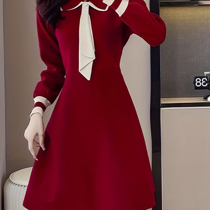 Antmvs Tie Neck A Line Dress, Elegant Long Sleeve Midi Dress, Women's Clothing