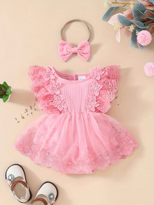 Baby's Lace Flower Embroidered Mesh Muslin Dress, Solid Color Lovely Sleeveless Dress, Infant & Toddler Girl's Clothing For Summer