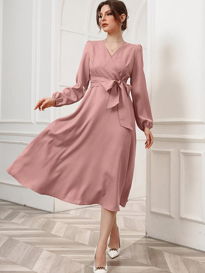 Antmvs Solid Surplice Neck Dress, Elegant Long Sleeve Belted Dress, Women's Clothing