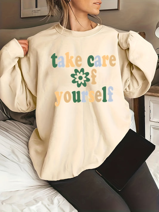 Antmvs Plus Size Casual Sweatshirt, Women's Plus Slogan & Floral Print Round Neck Long Sleeve Sweatshirt