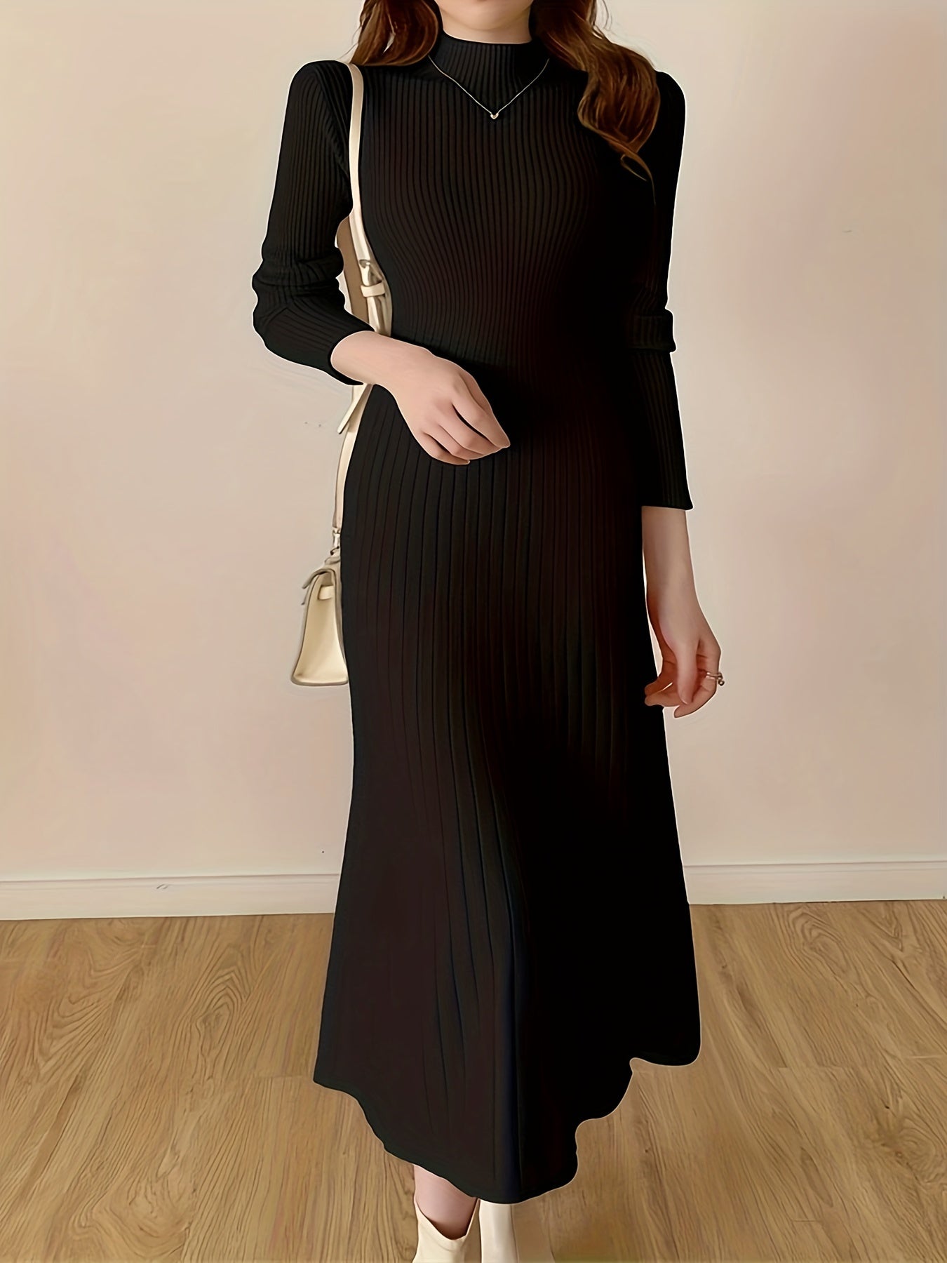 Antmvs Mock Neck Ribbed Dress, Casual Solid Long Sleeve Midi Dress, Women's Clothing