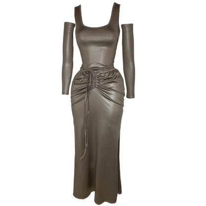 Antmvs SYNEZ Solid Color Metallic Slim Cropped Top + Drawstring Tie Up Fishtail Long Skirt Matching Set