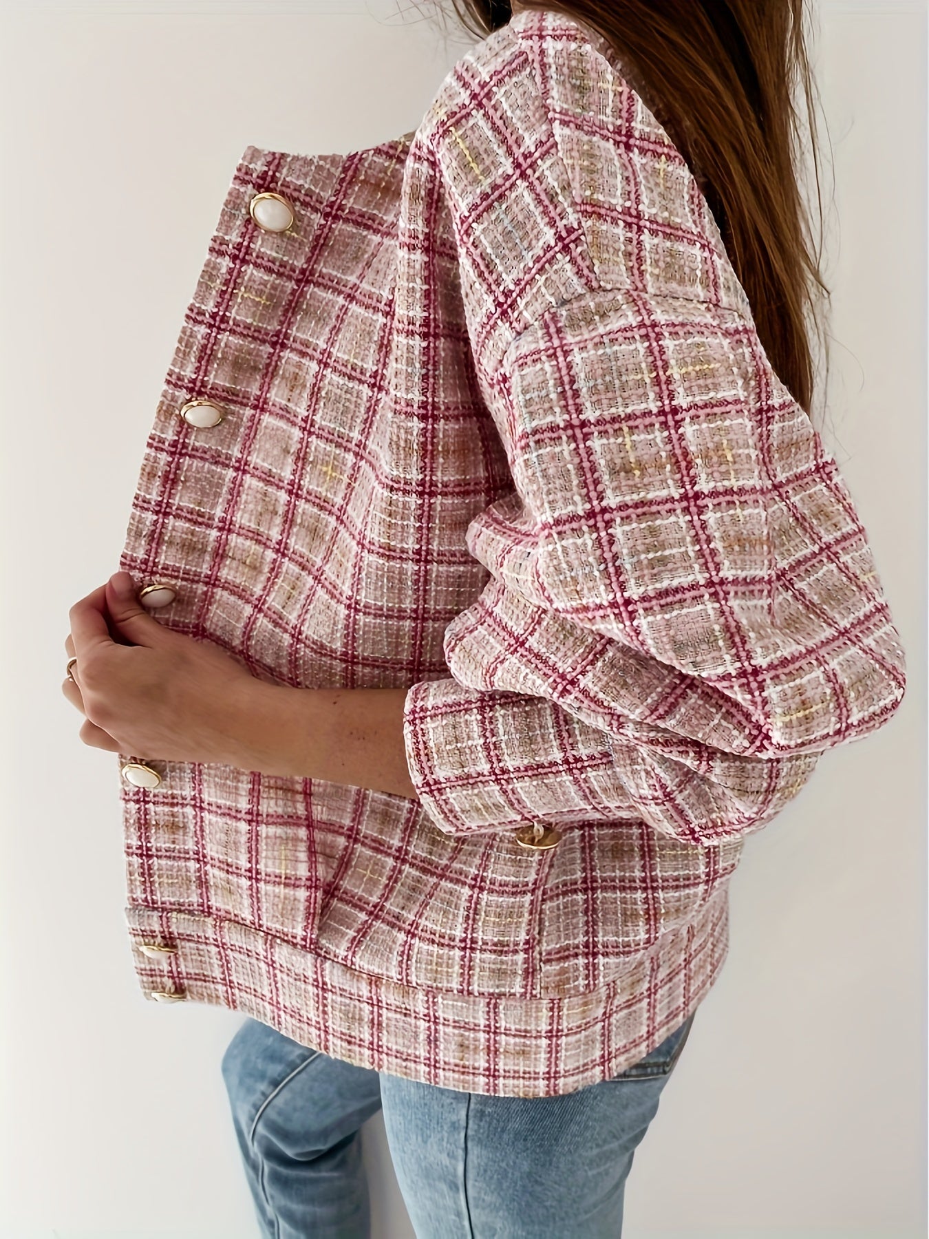 Antmvs Plaid Print Simple Jacket, Casual Button Front Long Sleeve Outerwear, Women's Clothing