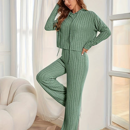 Antmvs Casual Solid Knit Two-piece Set, Long Sleeve Drawstring Hoodie & Wide Leg Pants Outfits, Women's Clothing