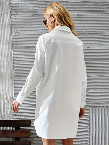 Antmvs Solid Color Button Front Shirt Dress, Long Sleeve Lapel Neck Pocket Dress, Women's Clothing