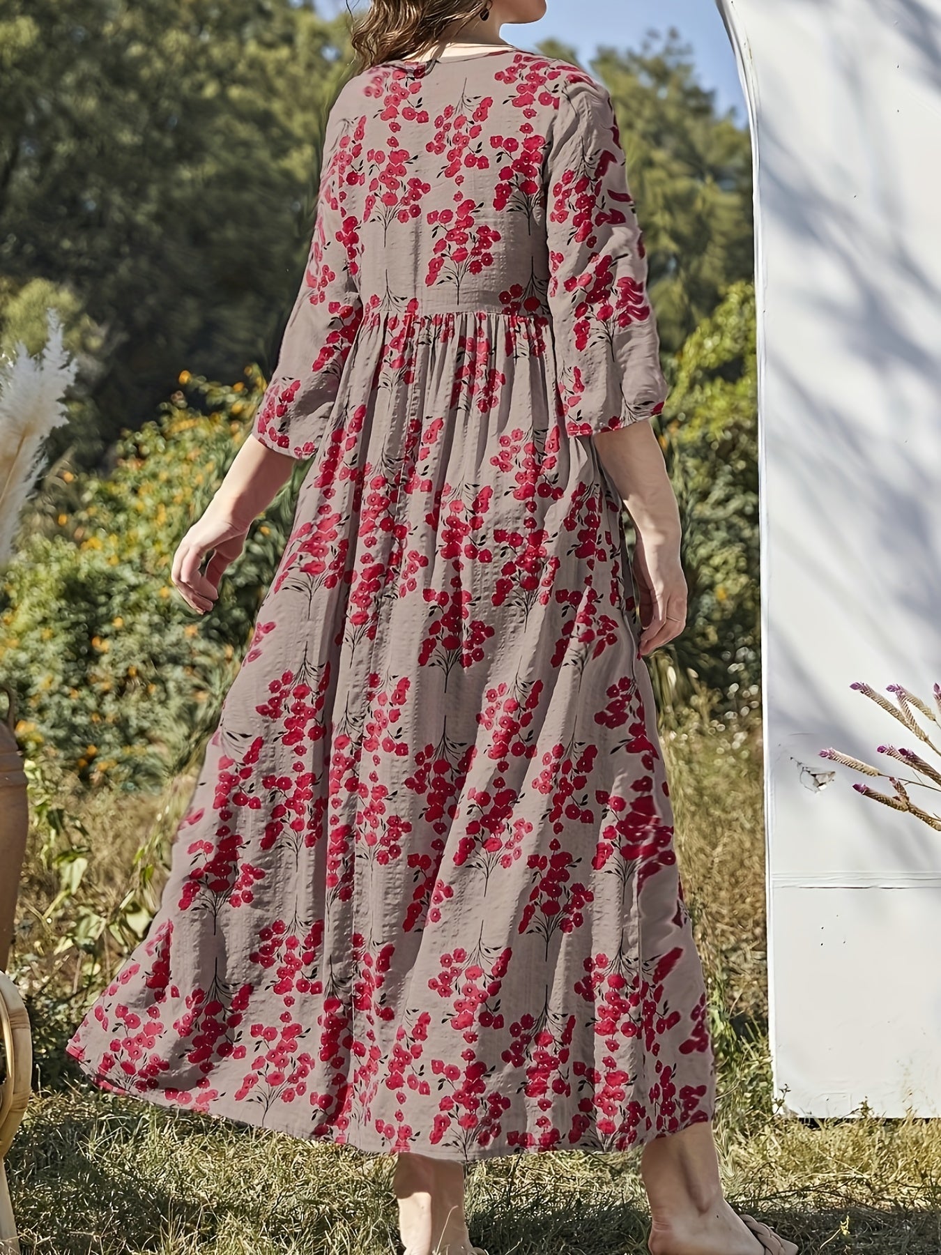 Antmvs Plus Size Boho Dress, Women's Plus Floral Print Half Sleeve Ruched Round Neck Loose Fit Dress