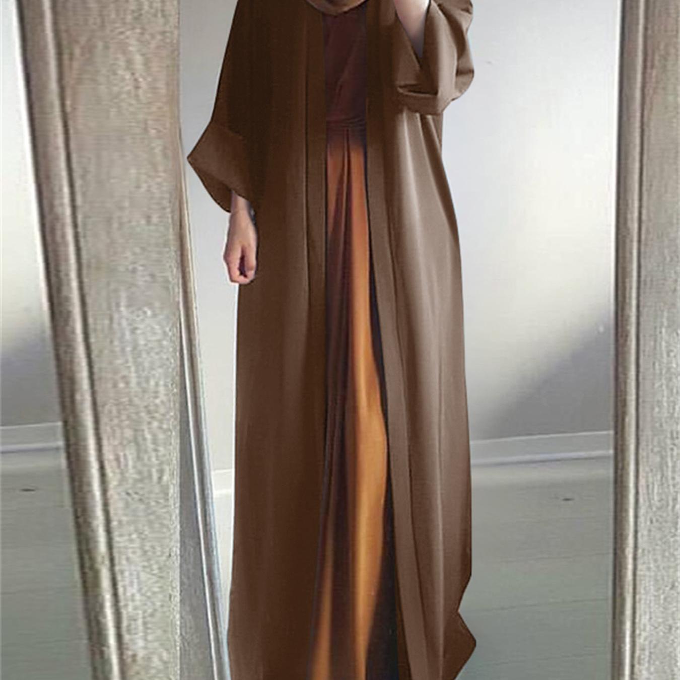 Antmvs Plus Size Modest Abaya Robe, Women's Plus Solid Long Sleeve Open Front Loose Turkey Robe