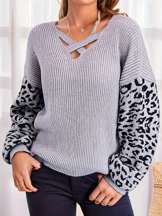 Antmvs Plus Size Sexy Sweater, Women's Plus Leopard Print Criss Cross Long Sleeve V Neck Pullover Sweater