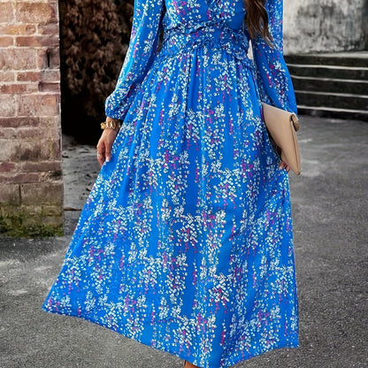 Antmvs Floral Print Maxi Dress, Casual V Neck Long Sleeve Dress, Women's Clothing