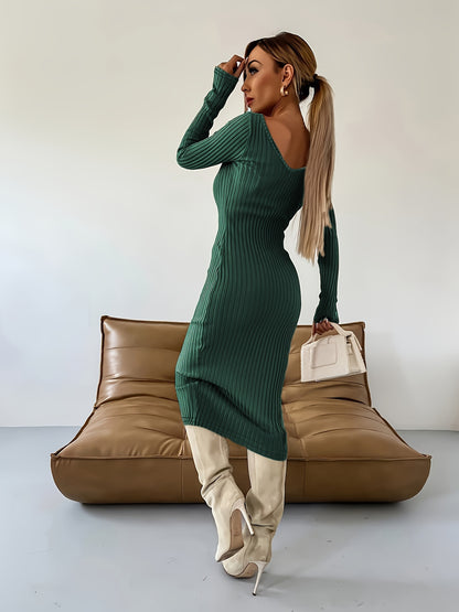 Antmvs Ribbed Solid Bodycon Dress, Elegant V Neck Long Sleeve Dress, Women's Clothing