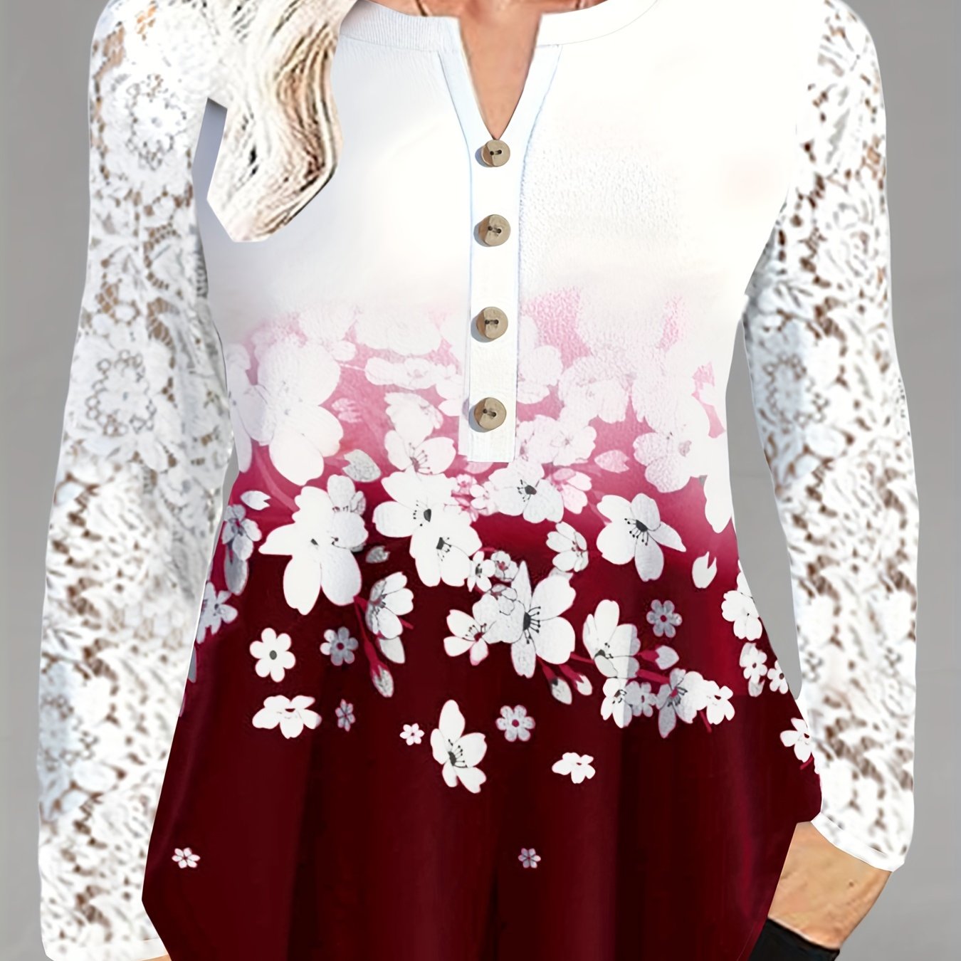 Plus Size Floral Delight Blouse - Lace Trimmed V Neck, Flowy Long Sleeves - Perfect Spring Fashion for Women