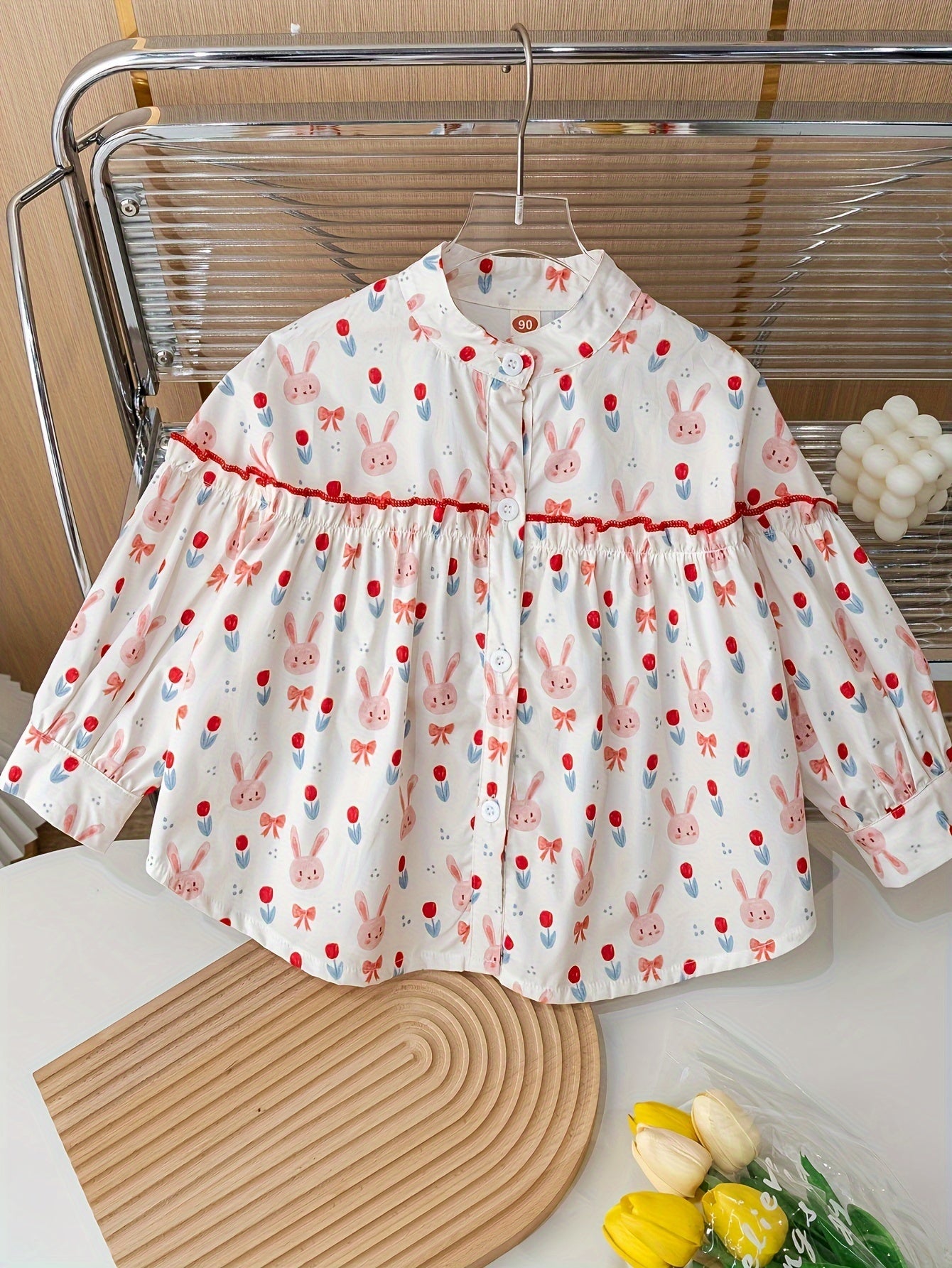 95% Cotton, Girls Cute Bunny Full Print Stand Collar Shirt Long Sleeve Peplum Tops