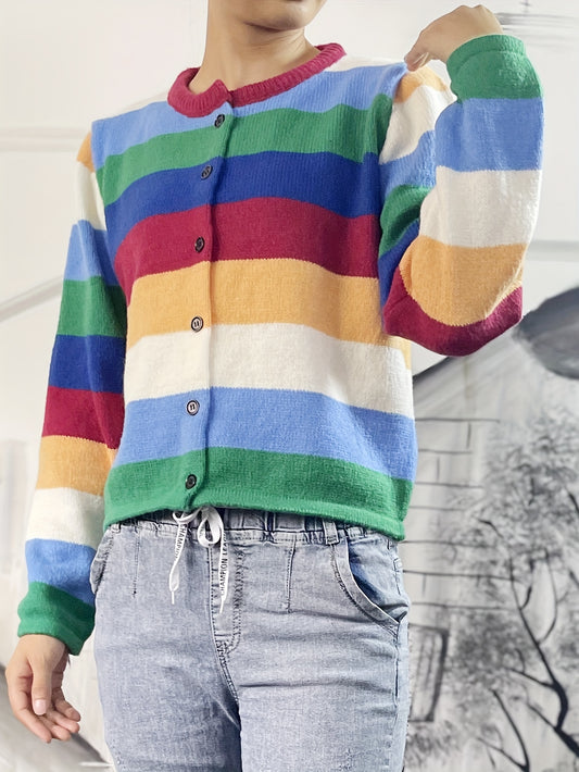 Antmvs Rainbow Striped Button Up Knit Cardigan, Boho Crew Neck Long Sleeve Sweater, Women's Clothing