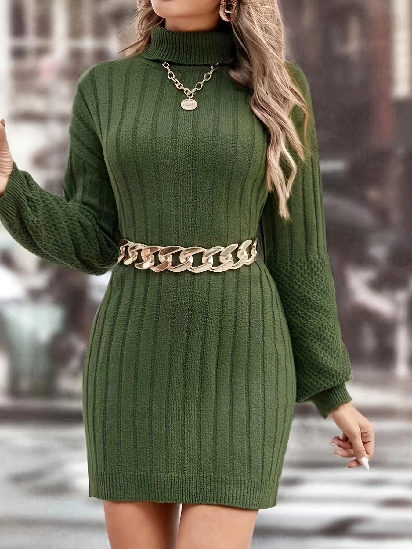 Antmvs Solid Mid Length Ribbed Knitted Sweater, Elegant Turtleneck Long Sleeve Sweater, Women's Clothing