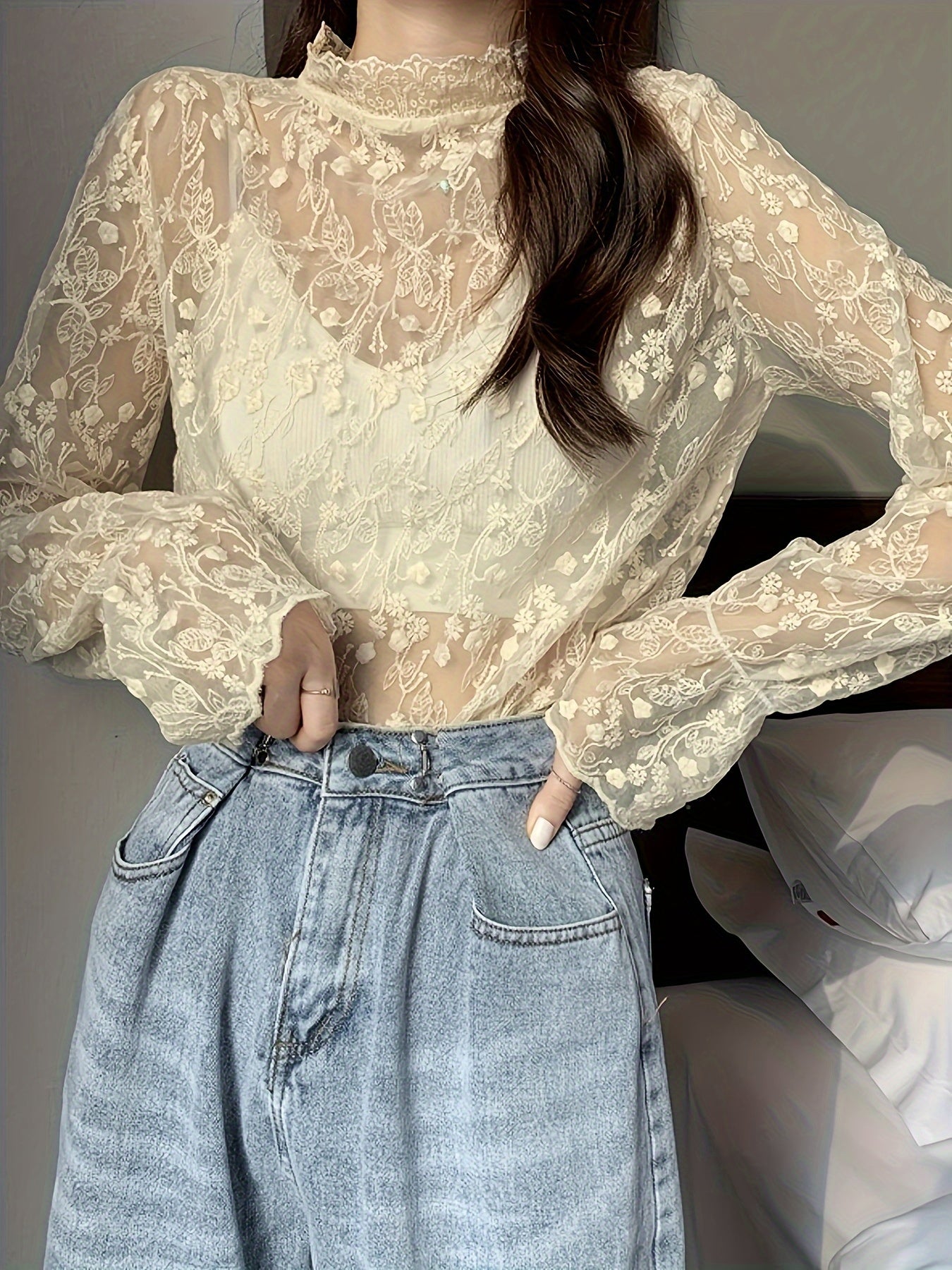 Antmvs Guipure Lace Overlay Flare Sleeve Blouse, Casual Mock Neck Long Sleeve Blouse, Women's Clothing