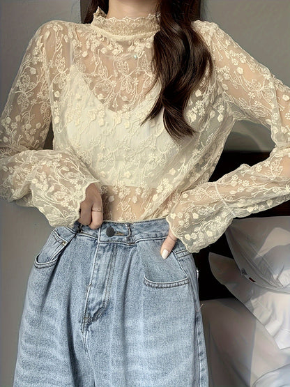 Antmvs Guipure Lace Overlay Flare Sleeve Blouse, Casual Mock Neck Long Sleeve Blouse, Women's Clothing