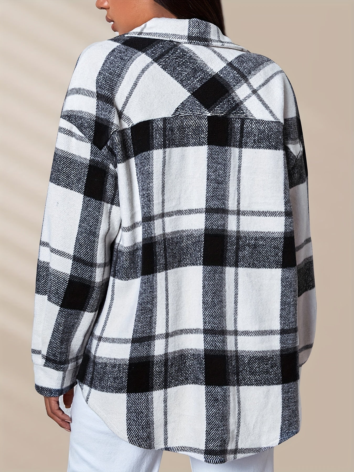 Antmvs Plaid Print Button Front Jacket, Casual Long Sleeve Jacket For Fall & Winter, Women's Clothing