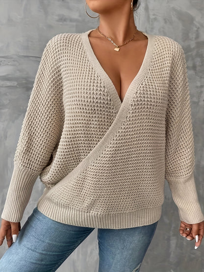 Antmvs Plus Size Casual Sweater, Women's Plus Solid Surplice Neck Bat Sleeve Slight Stretch Sweater