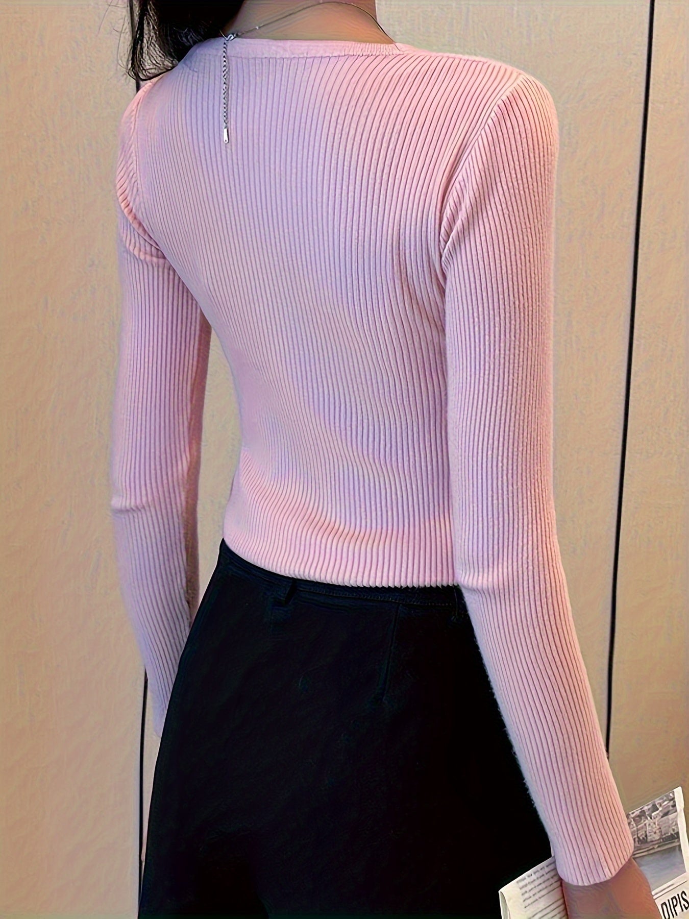 Antmvs Solid Twist Front Knitted Top, Casual V Neck Long Sleeve Slim Sweater, Women's Clothing