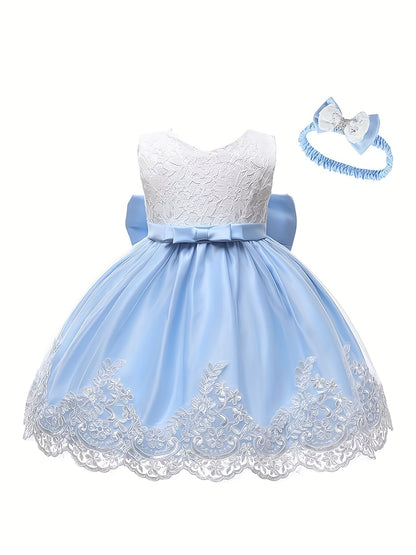 Baby's Elegant Lace Embroidery Princess Dress, Bowknot Decor Sleeveless Gowns, Toddler Girl's Clothing For Formal Occasion/Birthday Party/Photography/Banquet/Baptism