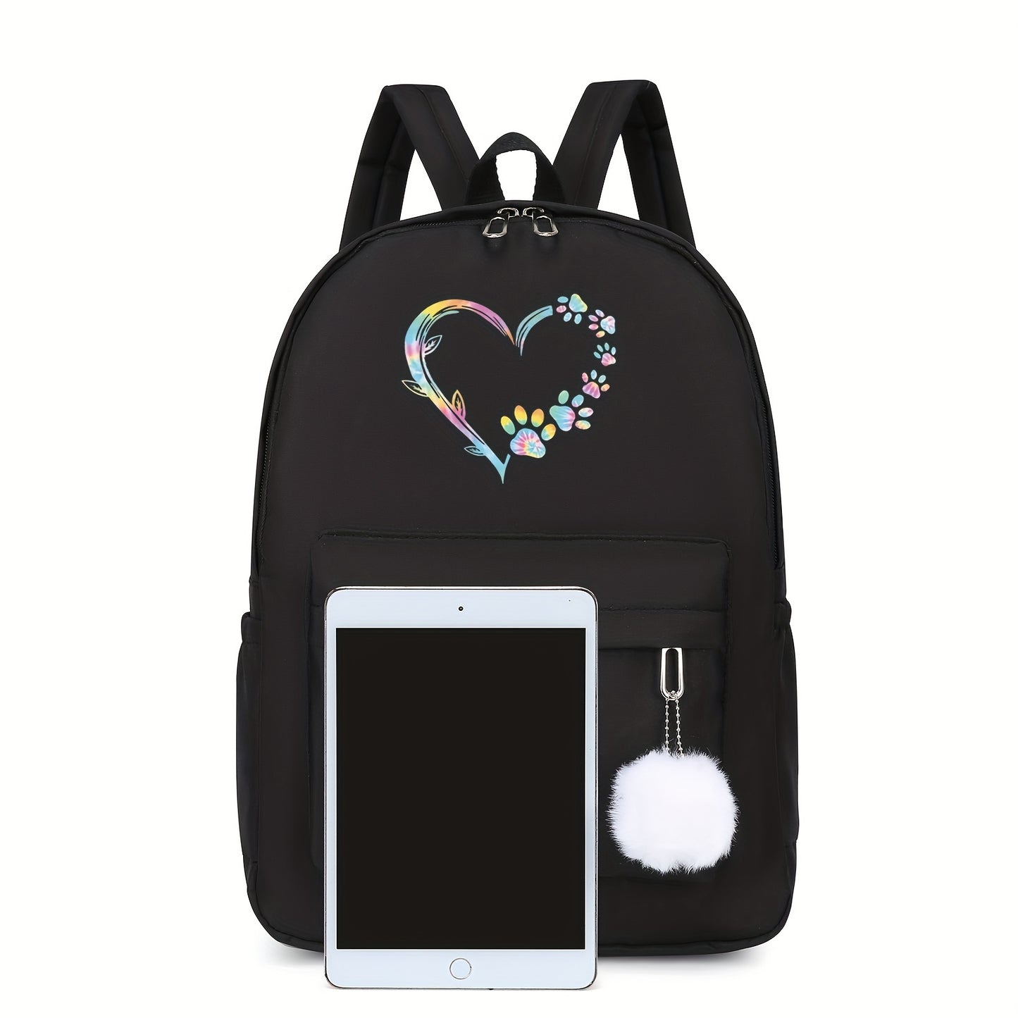 Vibrant Heart-Shaped Paw Print Backpack - Stylish Side Pocket for Bottles & Umbrellas - Perfect for Young Men & Womens Commute, Study, and Outdoor Fun