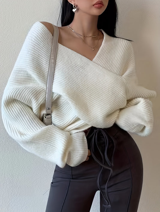 Antmvs Solid Cross Front Knit Sweater, Sexy V Neck Long Sleeve Loose Fashion Sweater, Women's Clothing