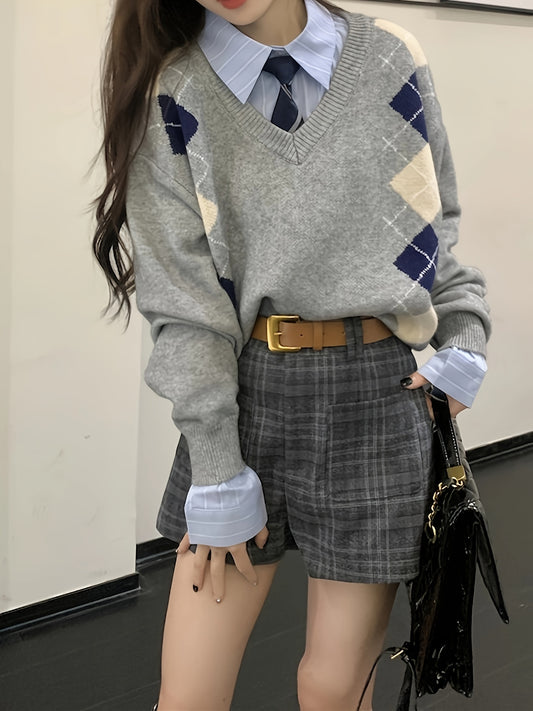 Antmvs Argyle Pattern V Neck Pullover Sweater, Vintage Long Sleeve Loose Sweater For Fall & Winter, Women's Clothing