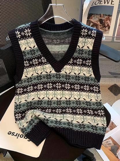 Antmvs Allover Print V Neck Vest, Preppy Contrast Trim Sleeveless Sweater For Fall & Winter, Women's Clothing
