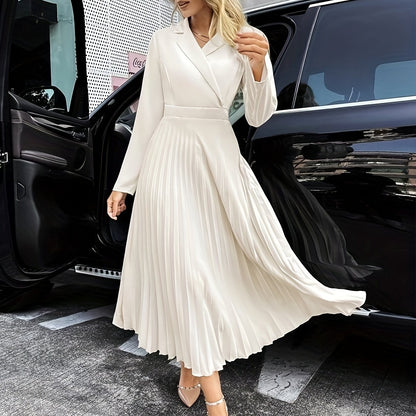 Antmvs Surplice Neck Pleated Dress, Elegant Solid Long Sleeve Maxi Dress, Women's Clothing