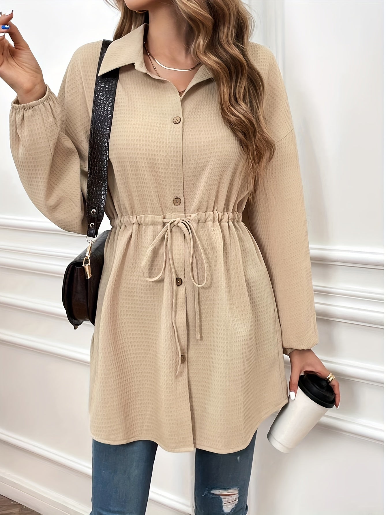Antmvs Plus Size Casual Blouse, Women's Plus Solid Waffle Pattern Button Up Long Sleeve Turn Down Collar Drawstring Nipped Waist Blouse