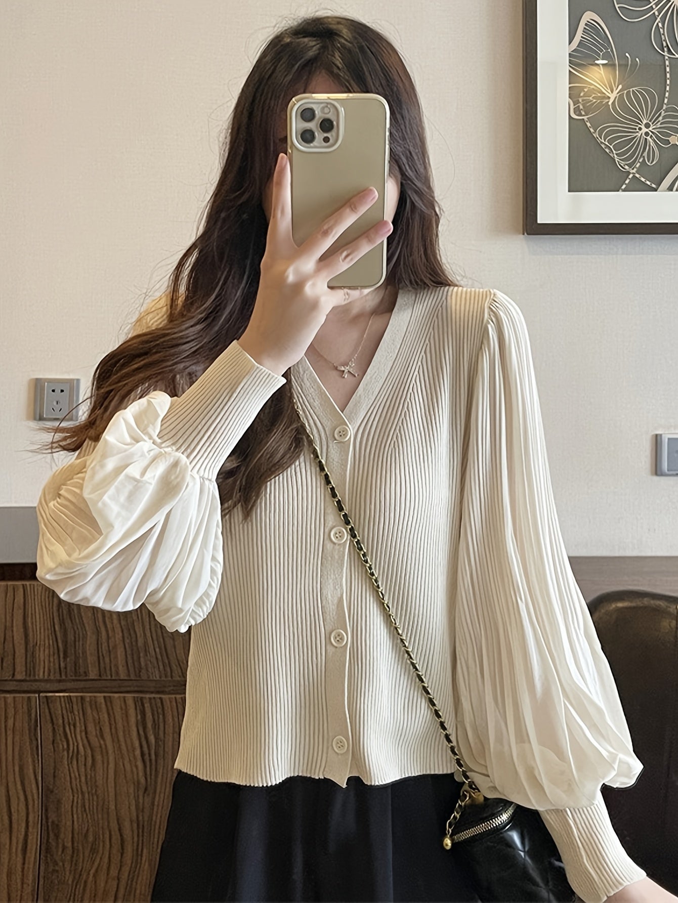 Antmvs Solid Button Down Knit Cardigan, Elegant Pleated Lantern Sleeve Top For Spring & Fall, Women's Clothing