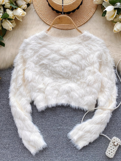 Antmvs Faux Fur Button Down Knit Cardigan, Elegant Long Sleeve Cozy Stylish Sweater, Women's Clothing
