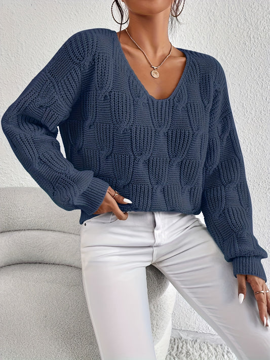 Antmvs Solid V Neck Pullover Sweater, Elegant Long Sleeve Drop Shoulder Loose Sweater, Women's Clothing