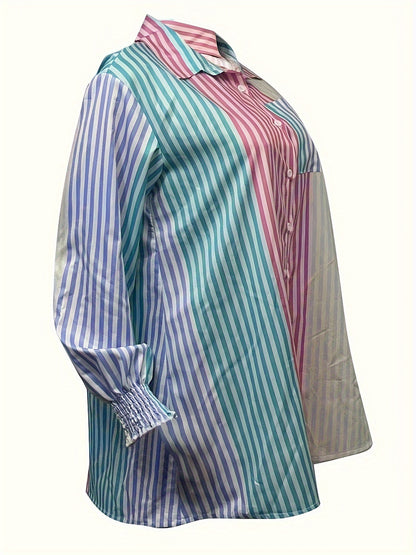 Antmvs Colorblock Stripe Print Collared Blouse, Casual Long Sleeve Blouse For Spring & Fall, Women's Clothing