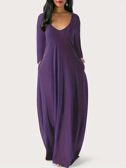 Antmvs Plus Size Casual Dress, Women's Plus Solid Long Sleeve V Neck Medium Stretch Maxi Dress