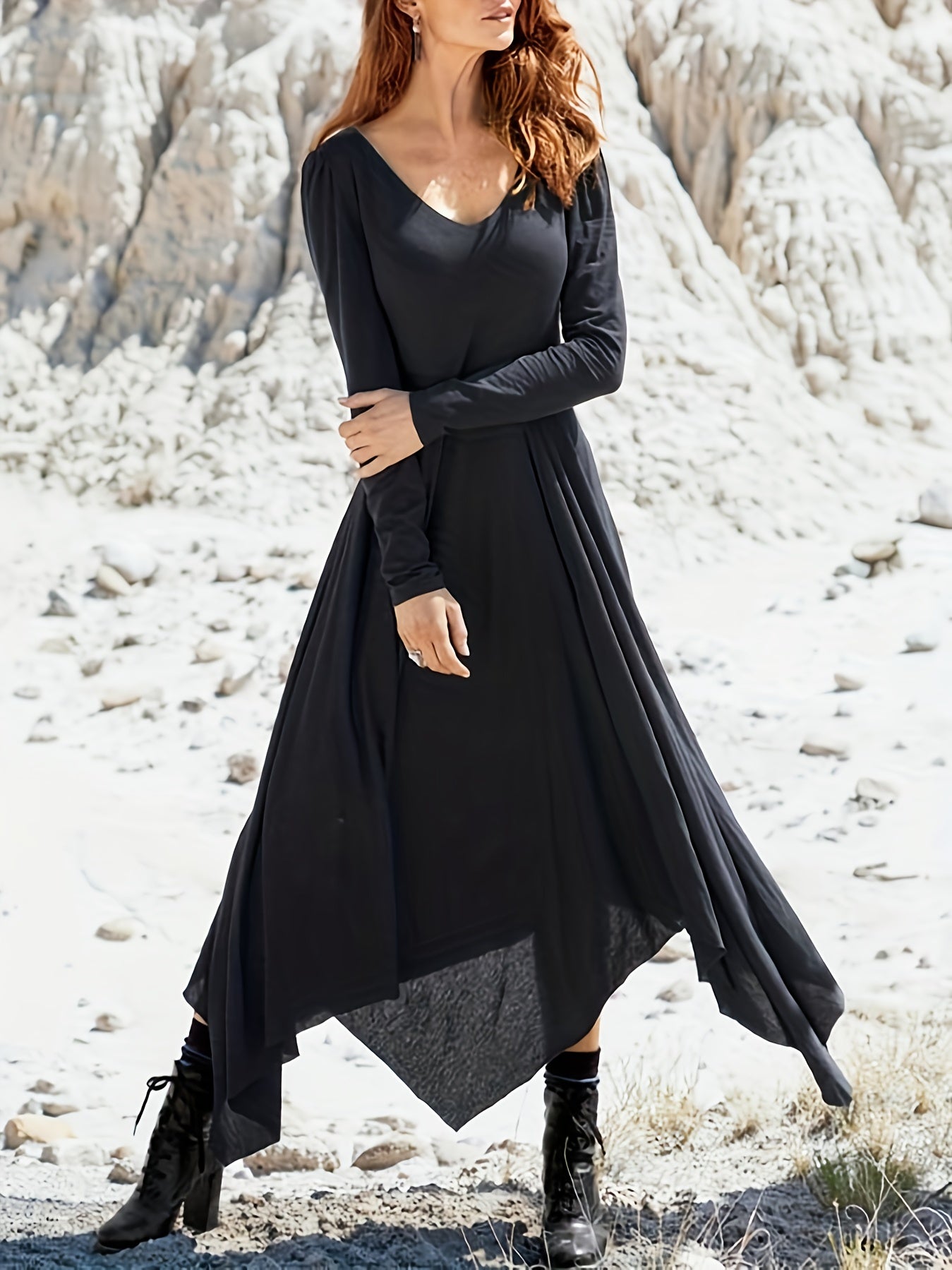 Antmvs Plus Size Casual Dress, Women's Plus Solid Long Sleeve Round Neck Asymmetric Hem Maxi Dress