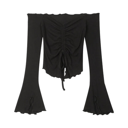 Antmvs Zerocircle Solid Color Knitwear Off-the-Shoulder Ruched Long Flare Sleeve Cropped Top