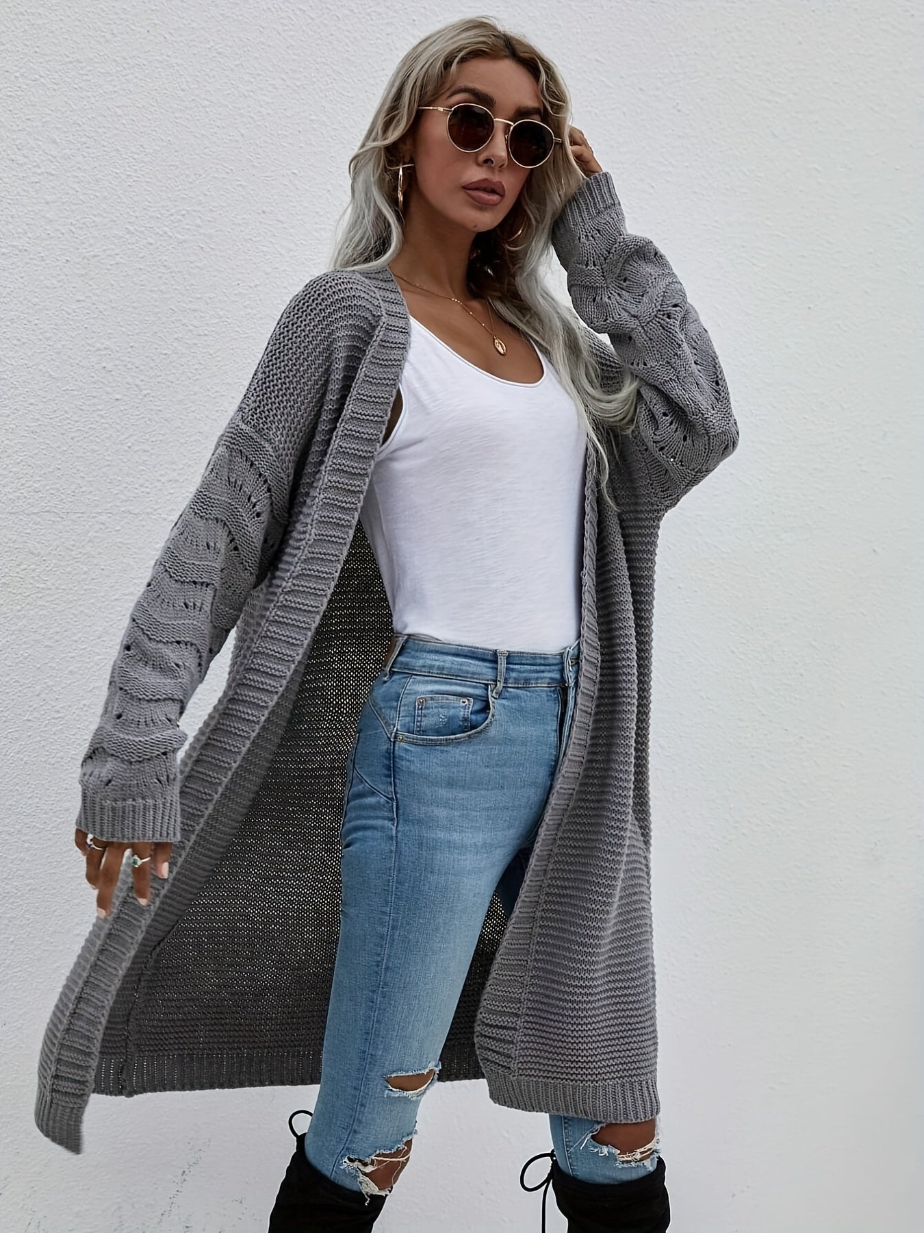 Antmvs Solid Open Front Mid Length Cardigan, Casual Long Sleeve Sweater For Spring & Fall, Women's Clothing