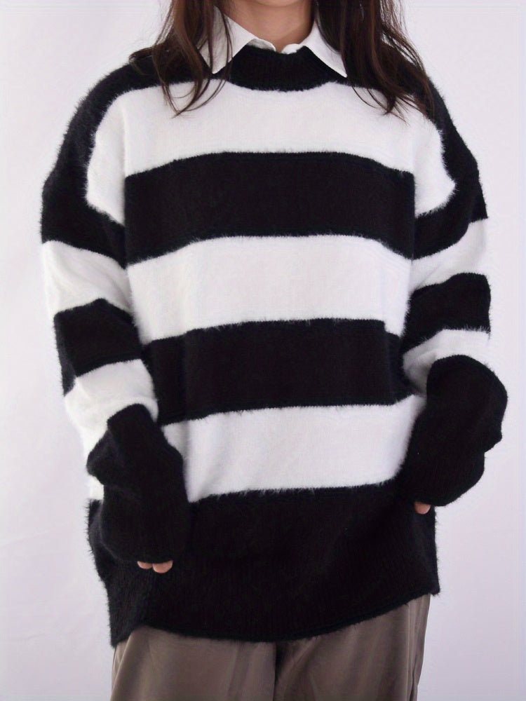 Antmvs Color Block Striped Knit Sweater, Casual Crew Neck Long Sleeve Sweater For Spring & Fall, Women's Clothing
