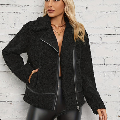 Antmvs Solid Zipper Lapel Teddy Coat, Versatile Long Sleeve Thermal Coat For Fall & Winter, Women's Clothing