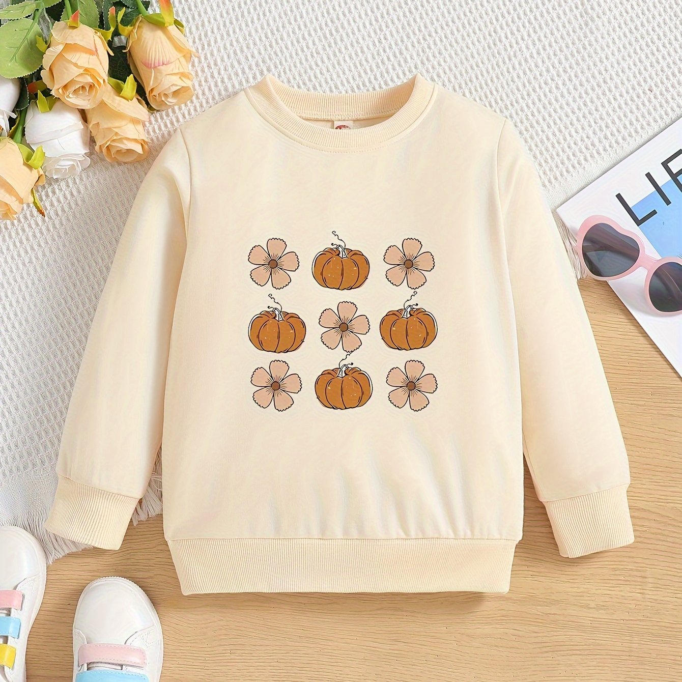 Vibrant Floral and Pumpkin Graphic Toddler Crew Neck Sweatshirt - Soft, Casual, and Comfy Holiday Party Top for Little Girls - Perfect Gift for Kids' Special Occasions