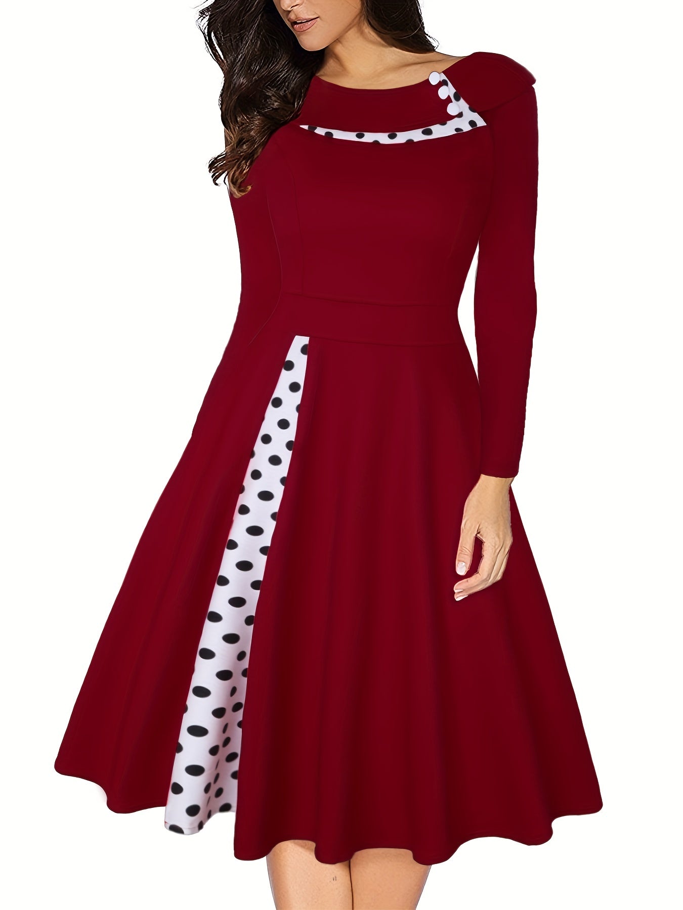 Antmvs A-line Retro Dress, 3/4 Sleeve Polka Dot Casual Dress, Women's Clothing