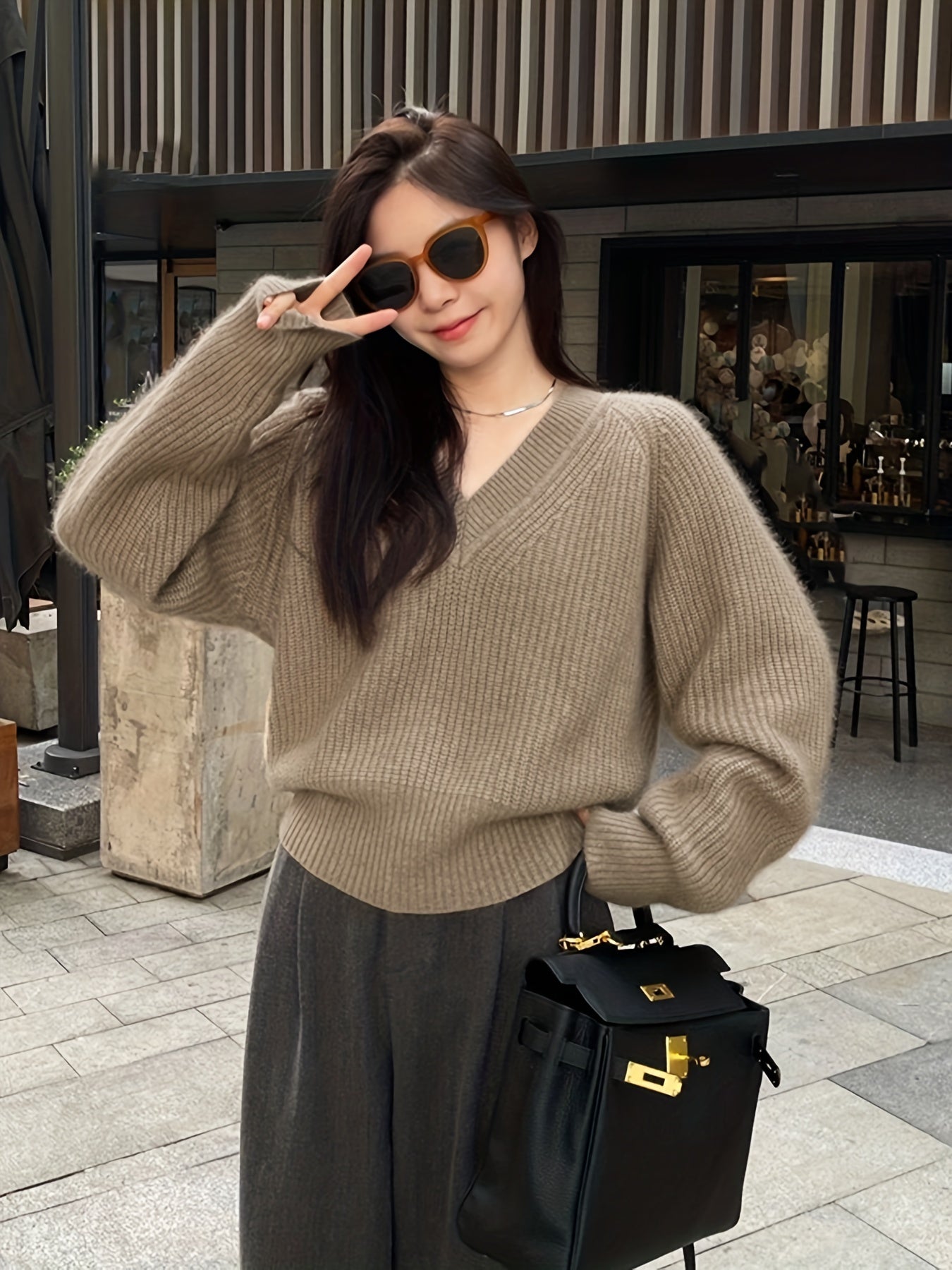 Antmvs Solid Knit Pullover Sweater, Casual V Neck Long Sleeve Sweater, Women's Clothing